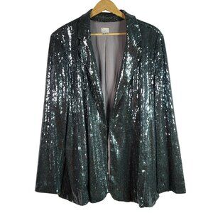 A New Day Sequin Blazer Jacket Silver XL Long Sleeve Lined Hook Party Holiday